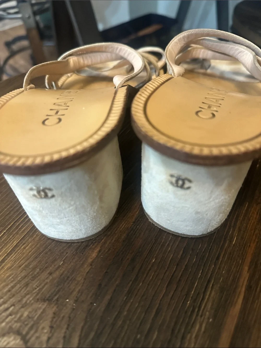 CHANEL Nude Strappy Slide Sandals